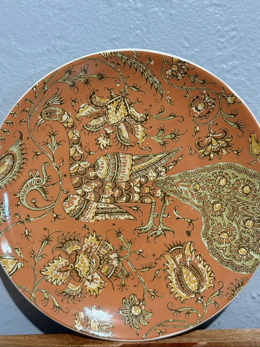 Vintage pottery barn kalamkari Indian print small plate NWOT. Bird floral.